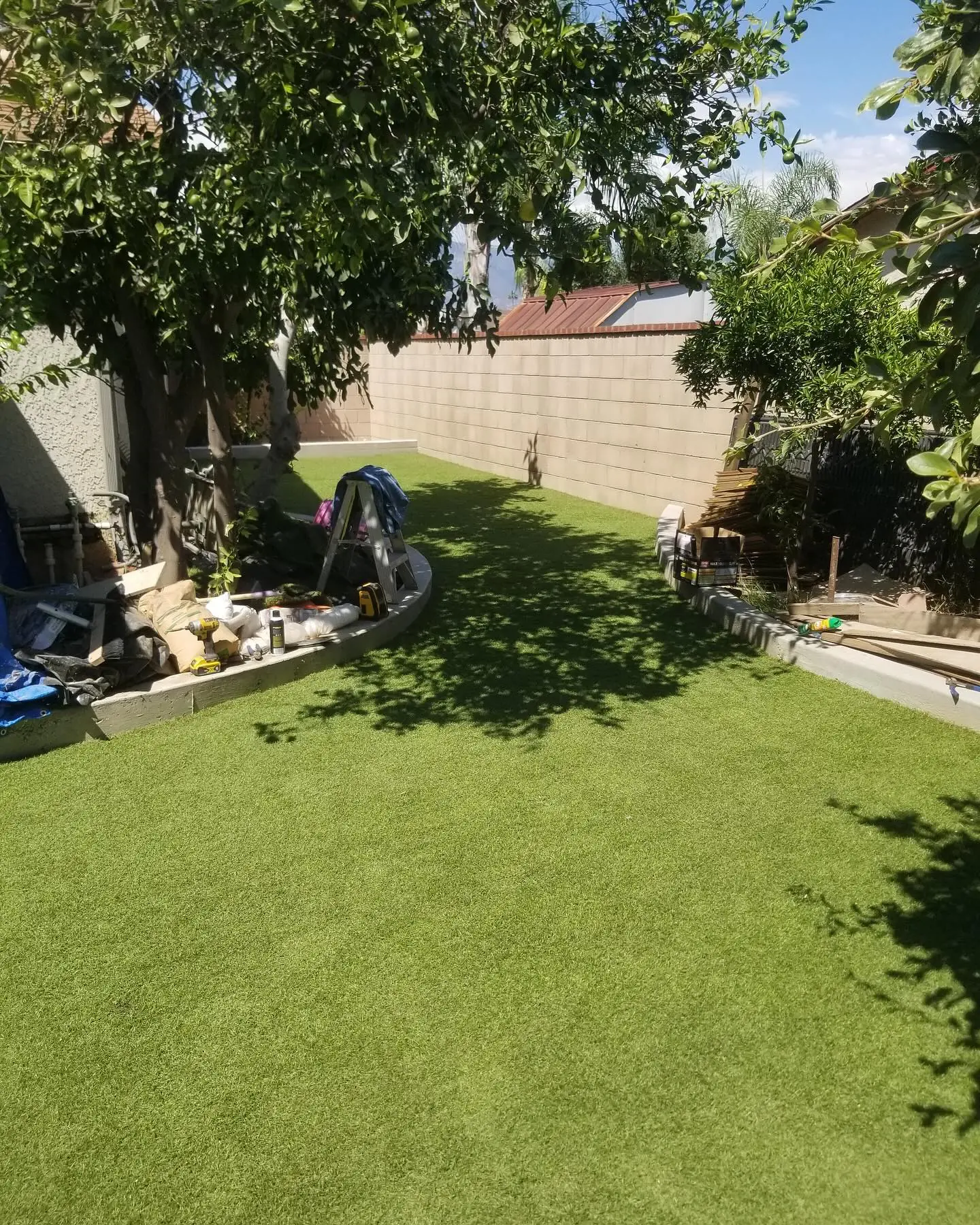 Turf installation with a curved cement curb offers a clean, modern by Mountain Ridge Renovations